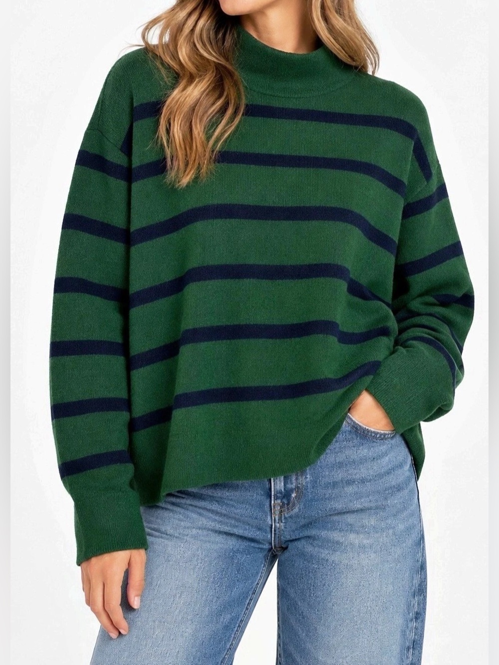 Maeve Green and Navy Striped Mock-Neck Sweater - Size S